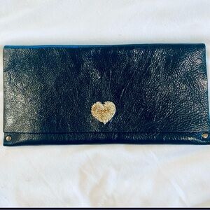 Moss Mills Black Leather Envelopes Clutch with Gold Heart Clasp
